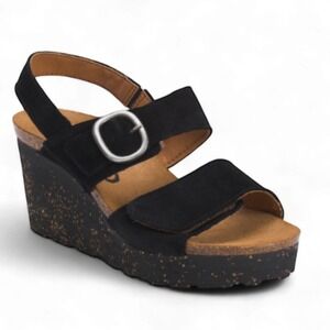 OTBT Women's Black Leather Peasant Wedge Sandals ‎ 8.5